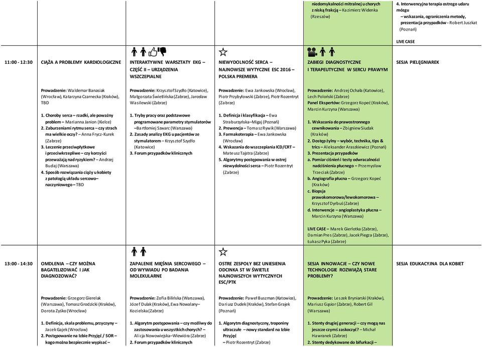 EKG NIEWYDOLNOŚĆ SERCA ZABIEGI DIAGNOSTYCZNE SESJA PIELĘGNIAREK CZĘŚĆ II URZĄDZENIA WSZCZEPIALNE NAJNOWSZE WYTYCZNE ESC 2016 POLSKA PREMIERA I TERAPEUTYCZNE W SERCU PRAWYM Prowadzenie: Waldemar