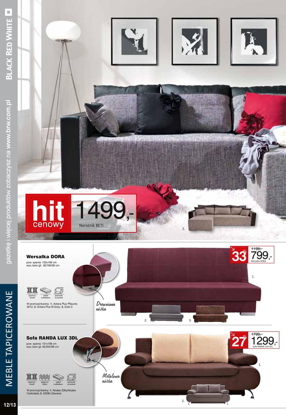 Plus Pflaume 3012; Antara Plus M.Grey; Gobi 3 Sofa RANDA LUX 3DL pow. spania: 151x198 cm wys./szer./gł.