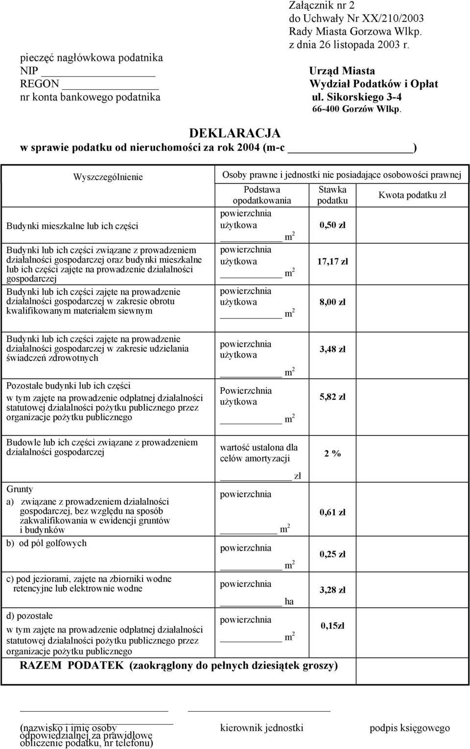 Urząd Miasta Wydział Podatków i Opłat DEKLARACJA w sprawie podatku od nieruchomości za rok 2004 (m-c ) Wyszczególnienie Budynki mieszkalne lub ich części Budynki lub ich części związane z