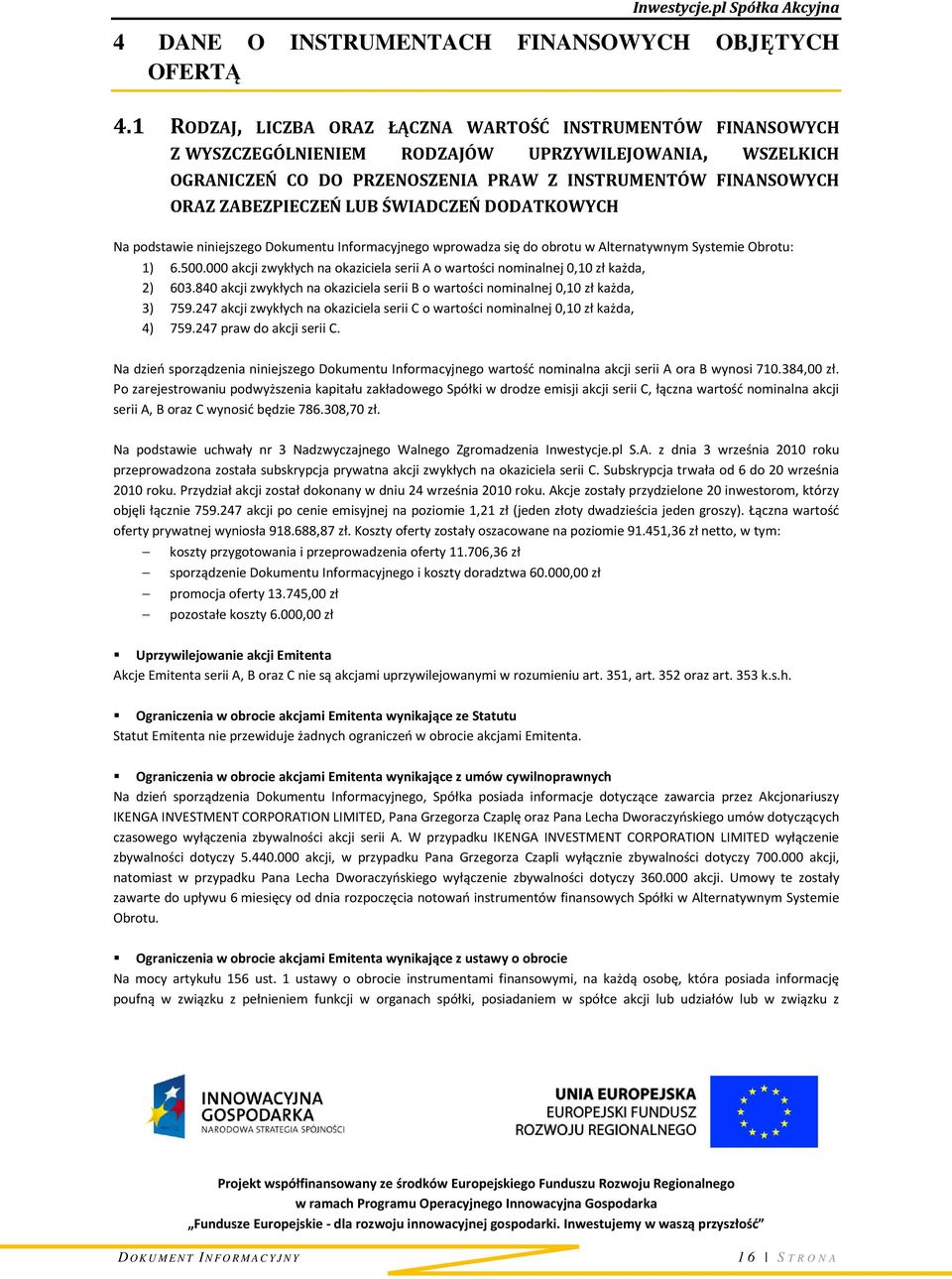 LUB ŚWIADCZEŃ DODATKOWYCH Na podstawie niniejszego Dokumentu Informacyjnego wprowadza się do obrotu w Alternatywnym Systemie Obrotu: 1) 6.500.