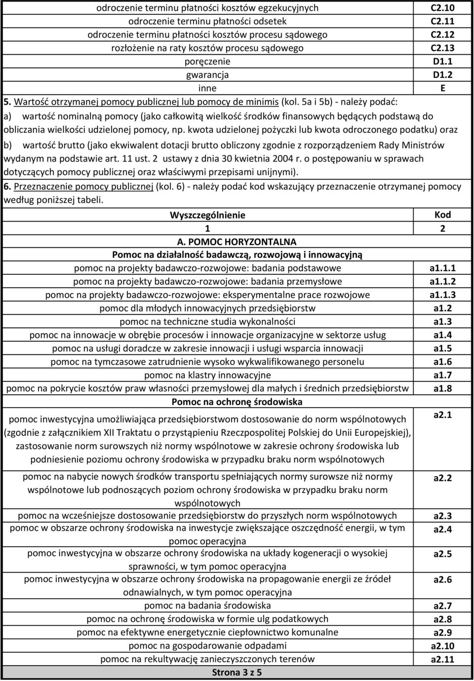 5a i 5b) należy podać: a) wartość nominalną pomocy (jako całkowitą wielkość środków finansowych będących podstawą do obliczania wielkości udzielonej pomocy, np.