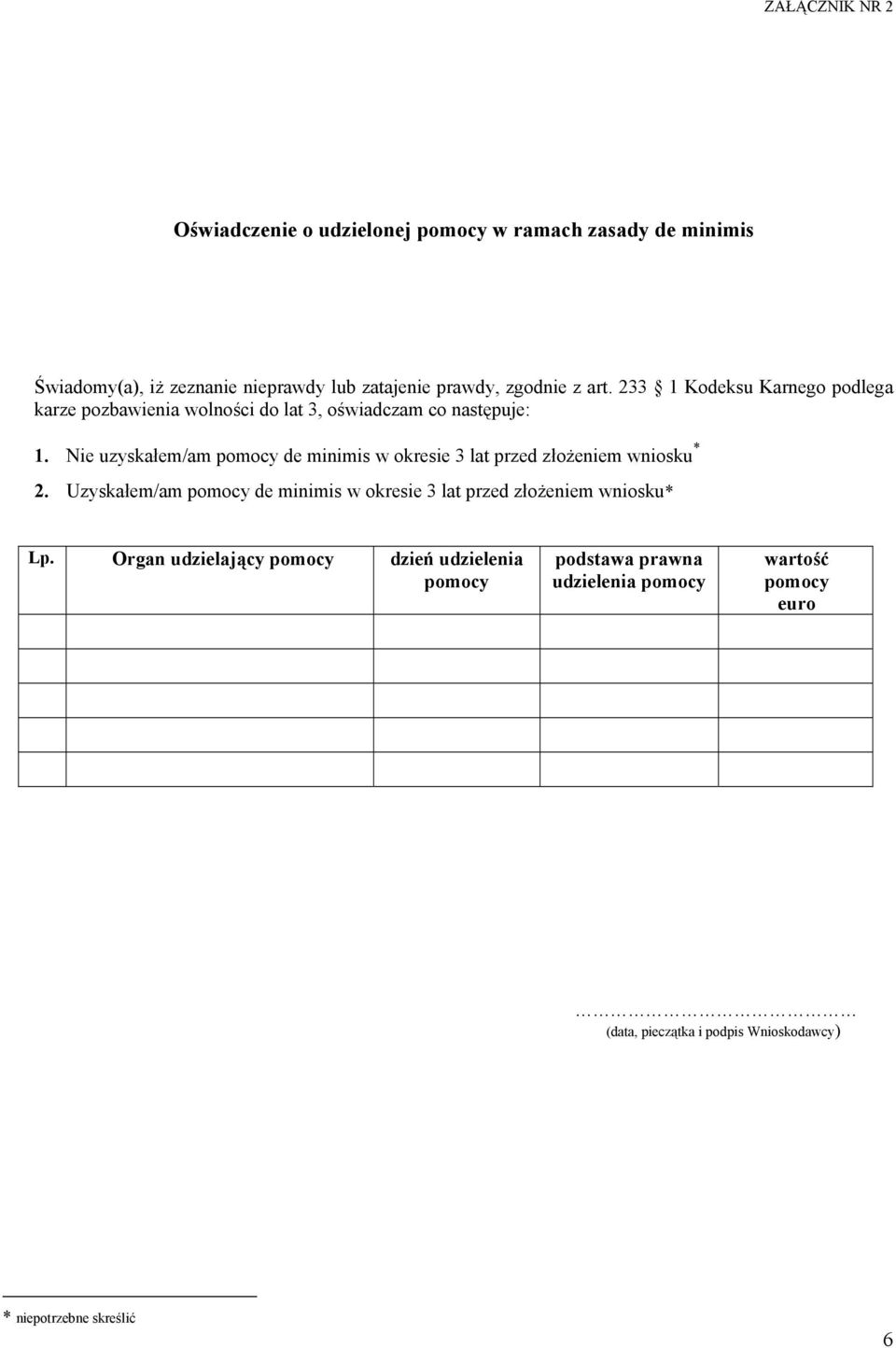 Nie uzyskałem/am pomocy de minimis w okresie 3 lat przed złożem wniosku * 2.