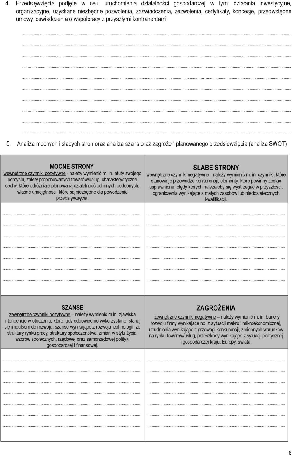 Analiza mocnych i słabych stron oraz analiza szans oraz zagrożeń planowanego przedsięwzięcia (analiza SWOT) MOCNE STRONY wewnętrzne czynniki pozytywne - należy wymienić m. in.