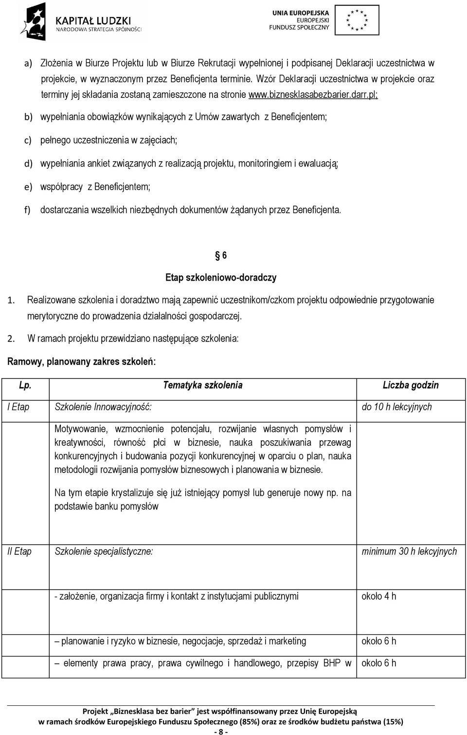 pl; b) wypełniania obowiązków wynikających z Umów zawartych z Beneficjentem; c) pełnego uczestniczenia w zajęciach; d) wypełniania ankiet związanych z realizacją projektu, monitoringiem i ewaluacją;