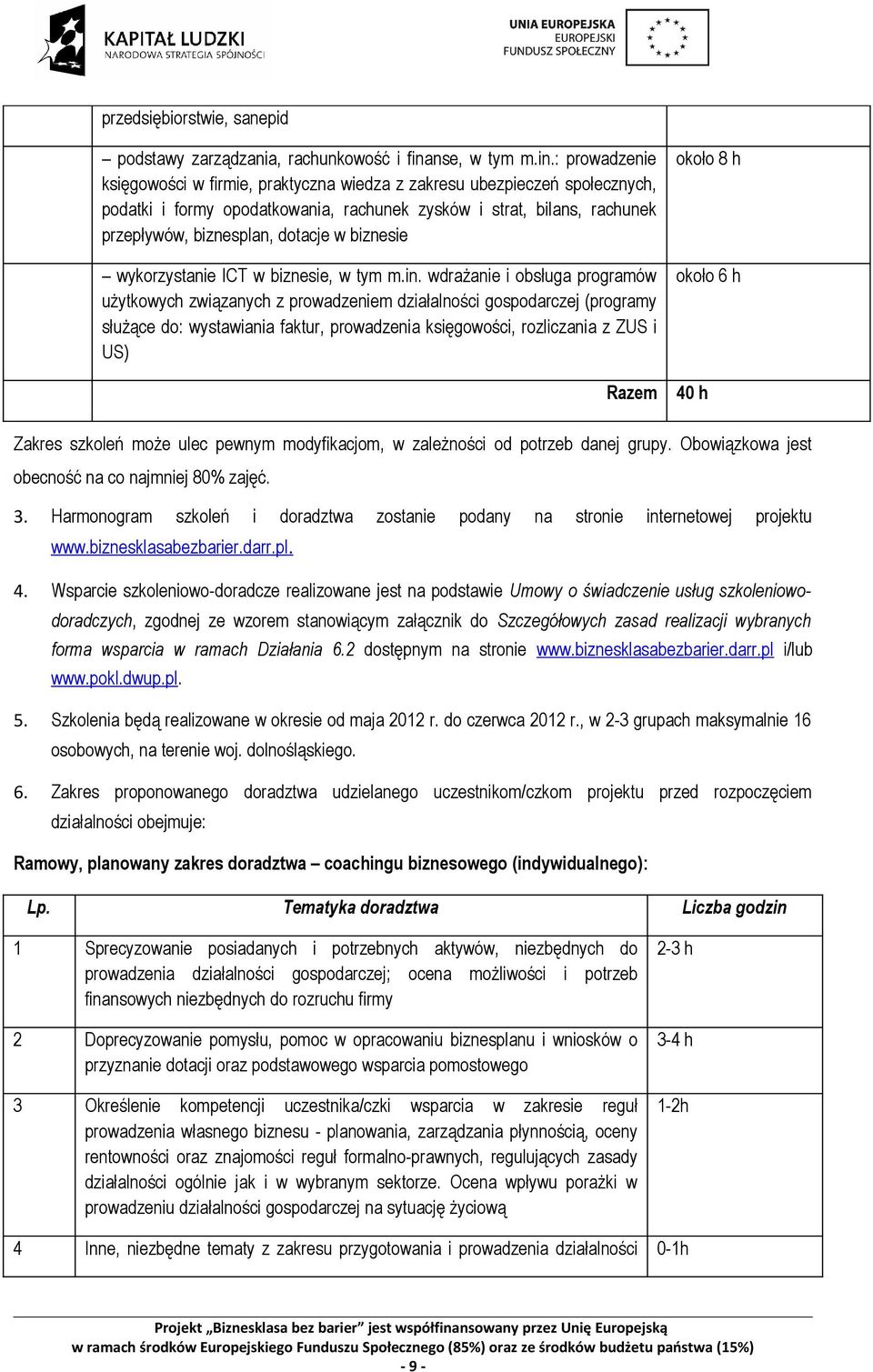 : prowadzenie księgowości w firmie, praktyczna wiedza z zakresu ubezpieczeń społecznych, podatki i formy opodatkowania, rachunek zysków i strat, bilans, rachunek przepływów, biznesplan, dotacje w