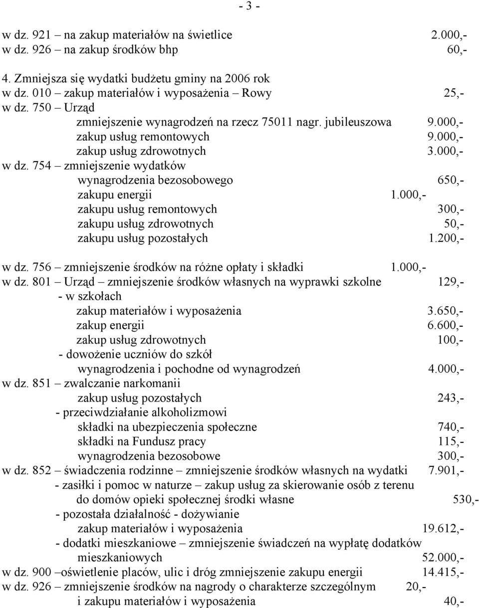 754 zmniejszenie wydatków wynagrodzenia bezosobowego 650,- zakupu energii 1.000,- zakupu usług remontowych 300,- zakupu usług zdrowotnych 50,- zakupu usług pozostałych 1.200,- w dz.