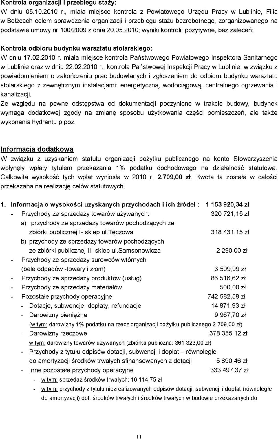 05.2010; wyniki kontroli: pozytywne, bez zaleceń; Kontrola odbioru budynku warsztatu stolarskiego: W dniu 17.02.2010 r.