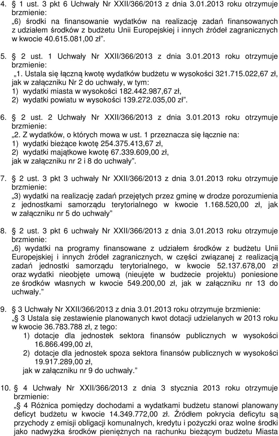 081,00 zł. 5. 2 ust. 1 Uchwały Nr XXII/366/2013 z dnia 3.01.2013 roku otrzymuje 1. Ustala się łączną kwotę wydatków budżetu w wysokości 321.715.