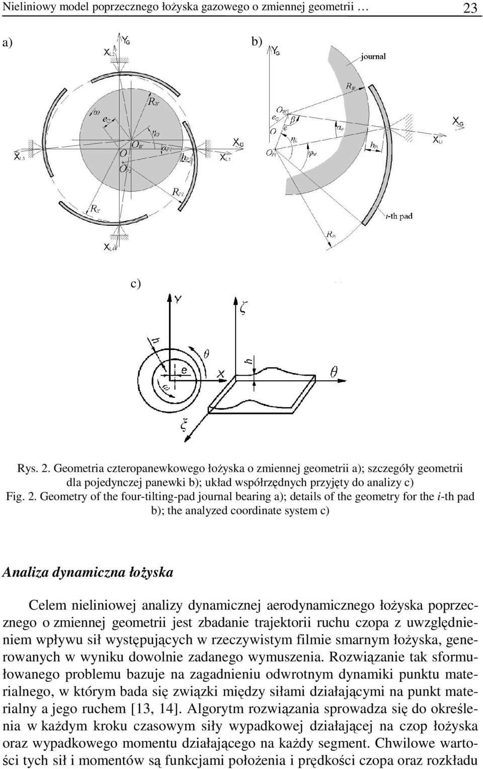 Geometra czteropanewkowego łożyska o zmennej geometr a); szczegóły geometr dla pojedynczej panewk b); układ współrzędnych przyjęty do analzy c) Fg. 2.