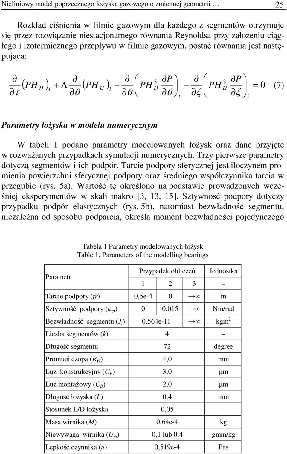 parametry modelowanych łożysk oraz dane przyjęte w rozważanych przypadkach symulacj numerycznych. Trzy perwsze parametry dotyczą segmentów ch podpór.