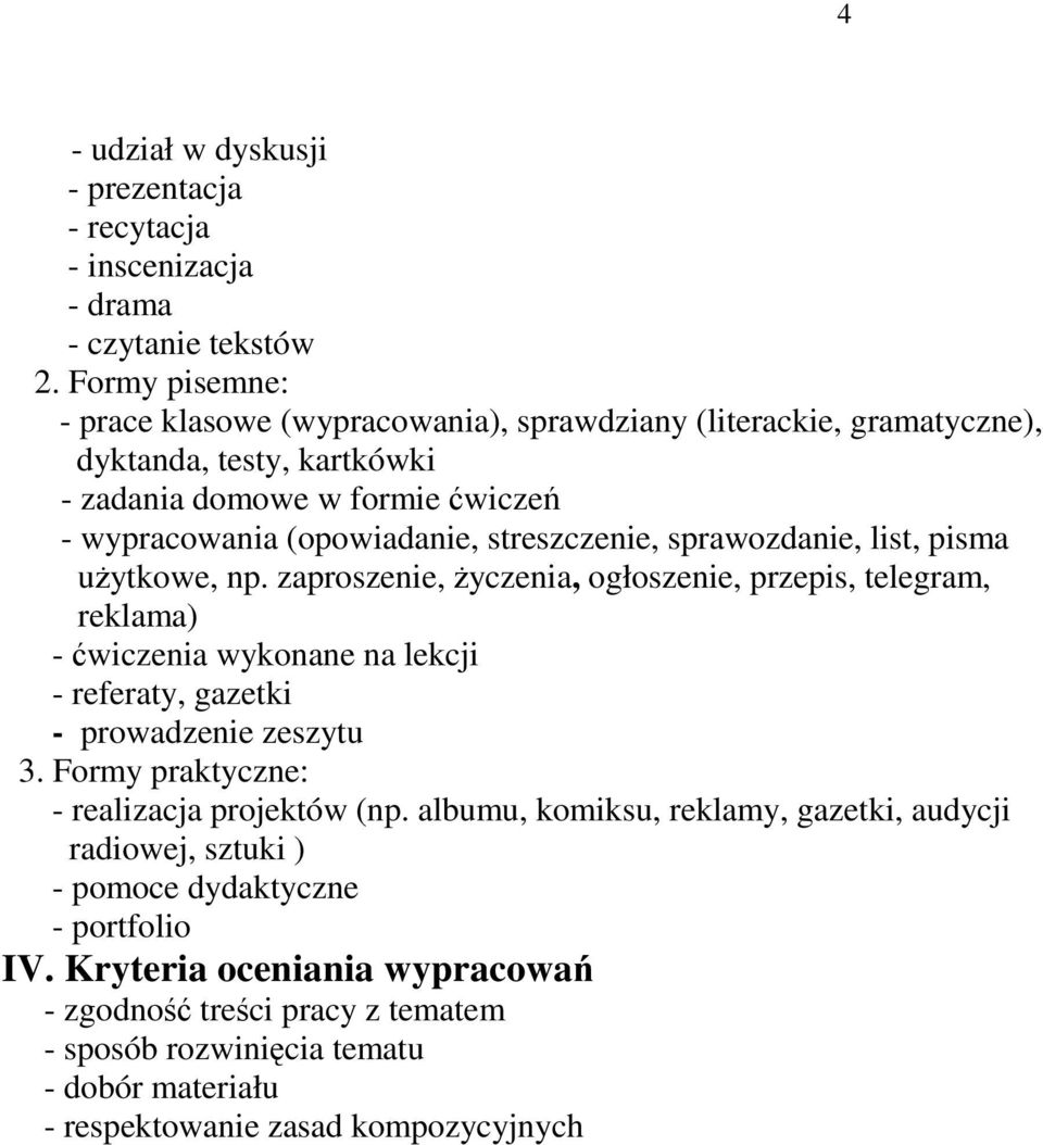 streszczenie, sprawozdanie, list, pisma uytkowe, np.