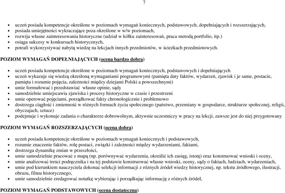 ) osiga sukcesy w konkursach historycznych, potrafi wykorzystywa nabyt wiedz na lekcjach innych przedmiotów, w ciekach przedmiotowych.