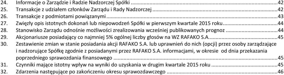 Akcjonariusze posiadający co najmniej 5% ogólnej liczby głosów na WZ RAFAKO S.A.... 45 30. Zestawienie zmian w stanie posiadania akcji RAFAKO S.A. lub uprawnień do nich (opcji) przez osoby zarządzające i nadzorujące Spółkę zgodnie z posiadanymi przez RAFAKO S.