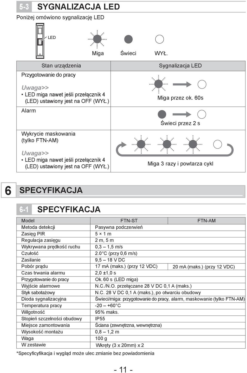 ) Miga 3 razy i powtarza cykl 6 SPECYFIKACJA 6-1 SPECYFIKACJA Model Metoda detekcji Pasywna podczerwień Zasięg PIR 5 1 m Regulacja zasięgu 2 m, 5 m Wykrywana prędkość ruchu 0,3 1,5 m/s Czułość 2.