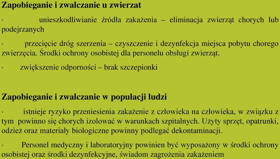 zwiększenie odporności brak szczepionki Zapobieganie i zwalczanie w populacji ludzi istnieje ryzyko przeniesienia zakażenie z człowieka na człowieka, w związku z tym powinno się