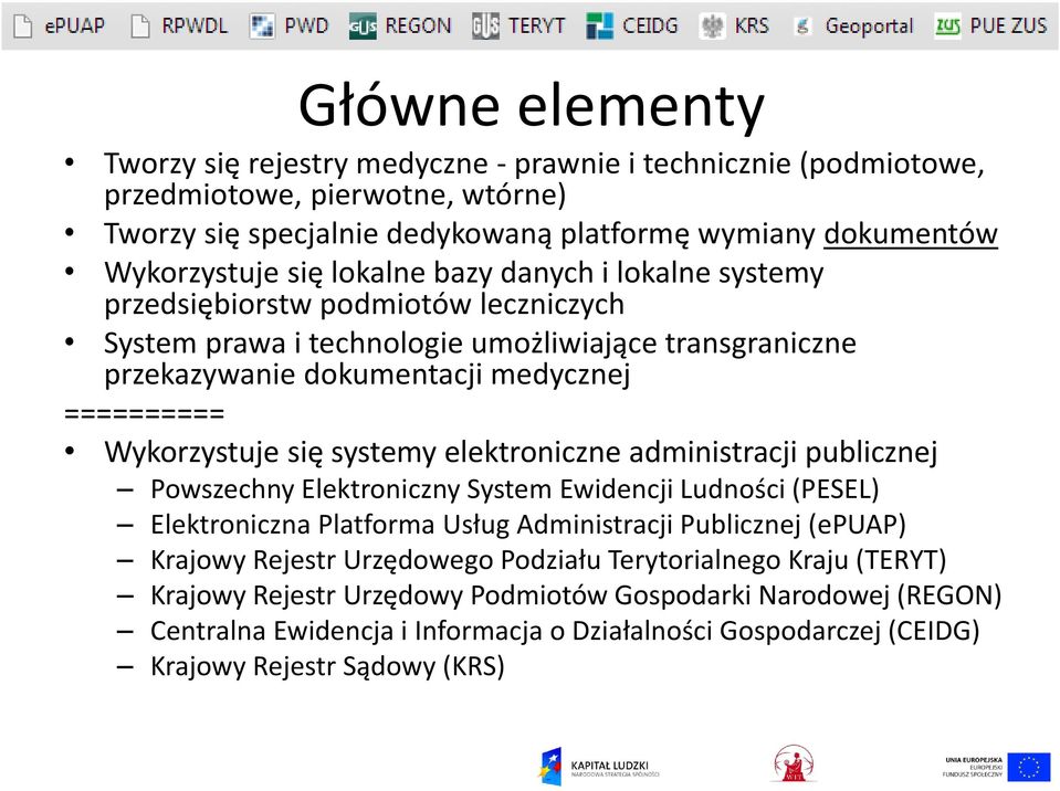 systemy elektroniczne administracji publicznej Powszechny Elektroniczny System Ewidencji Ludności (PESEL) Elektroniczna Platforma Usług Administracji Publicznej (epuap) Krajowy Rejestr Urzędowego