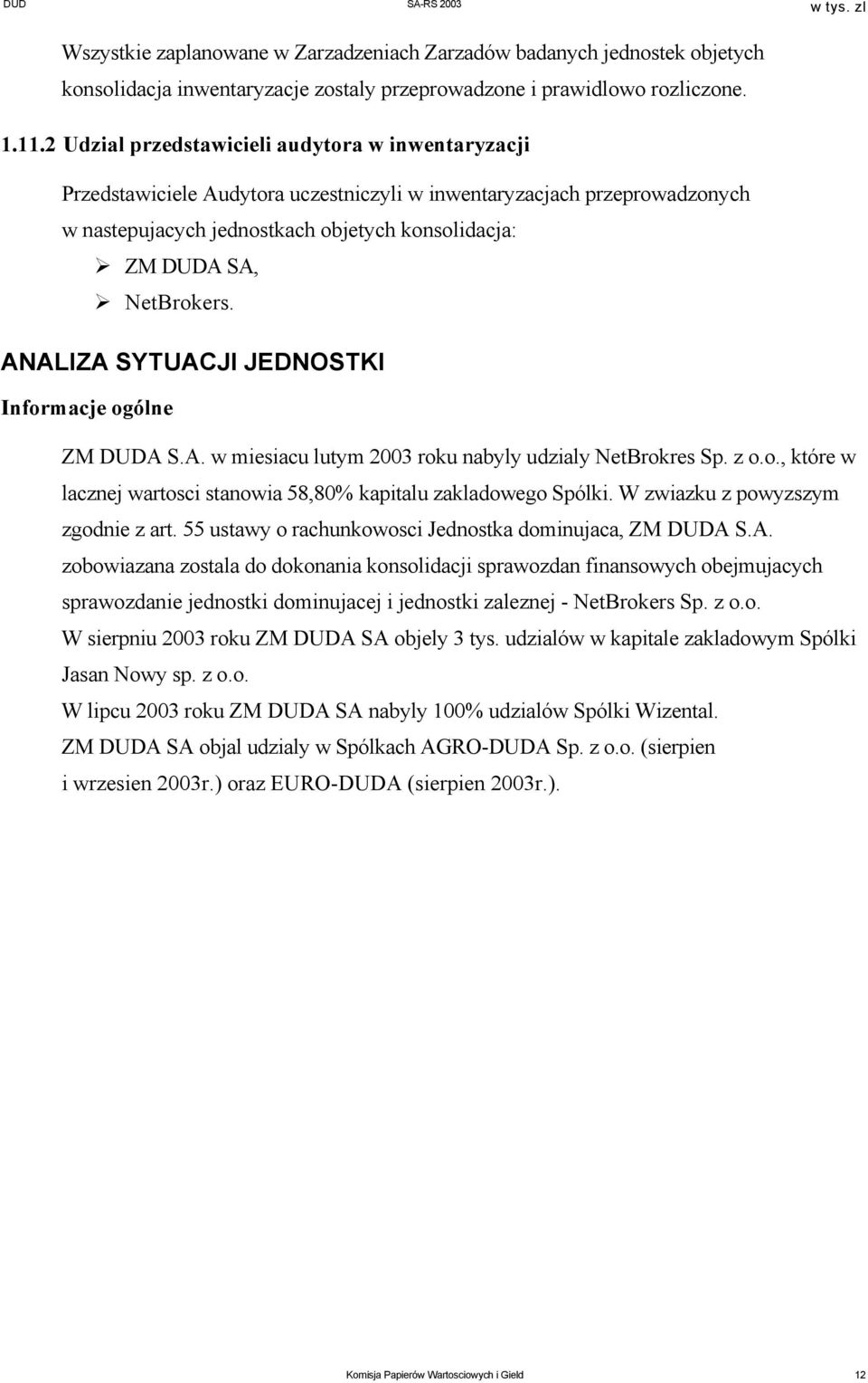 ANALIZA SYTUACJI JEDNOSTKI Informacje ogólne ZM DUDA S.A. w miesiacu lutym 2003 roku nabyly udzialy NetBrokres Sp. z o.o., które w lacznej wartosci stanowia 58,80% kapitalu zakladowego Spólki.