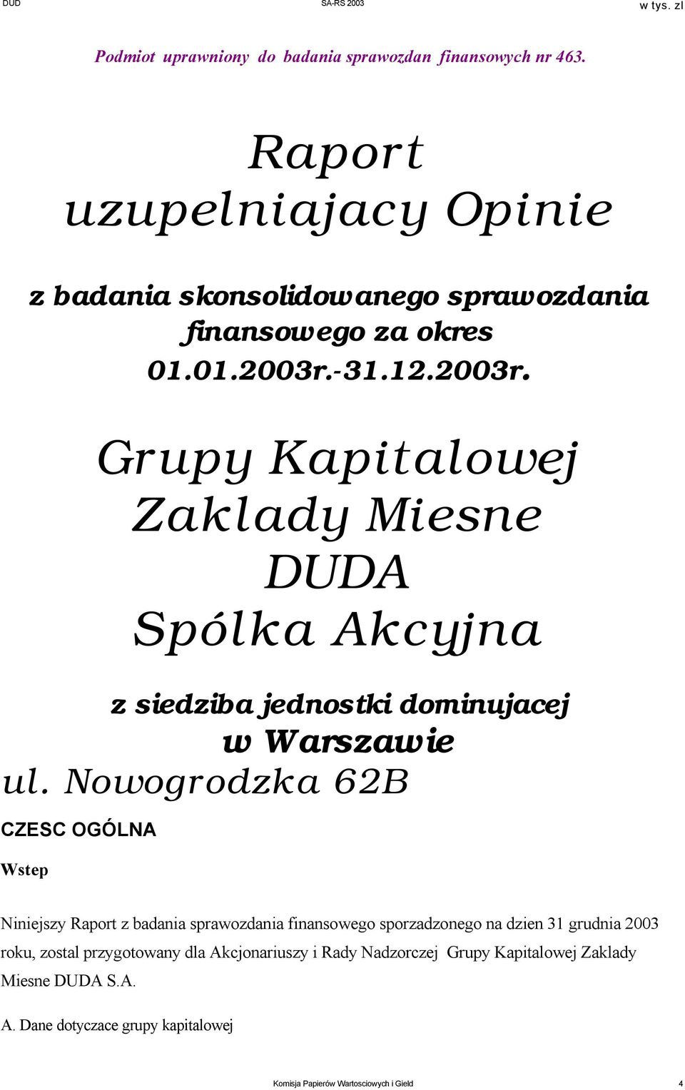 -31.12.2003r. Grupy Kapitalowej Zaklady Miesne DUDA Spólka Akcyjna z siedziba jednostki dominujacej w Warszawie ul.