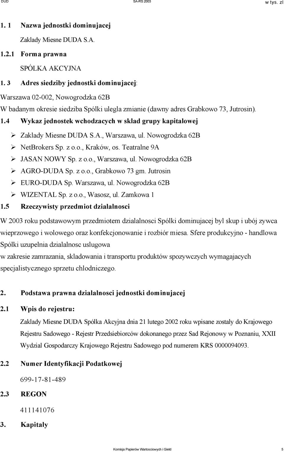 4 Wykaz jednostek wchodzacych w sklad grupy kapitalowej Zaklady Miesne DUDA S.A., Warszawa, ul. Nowogrodzka 62B NetBrokers Sp. z o.o., Kraków, os. Teatralne 9A JASAN NOWY Sp. z o.o., Warszawa, ul. Nowogrodzka 62B AGRO-DUDA Sp.