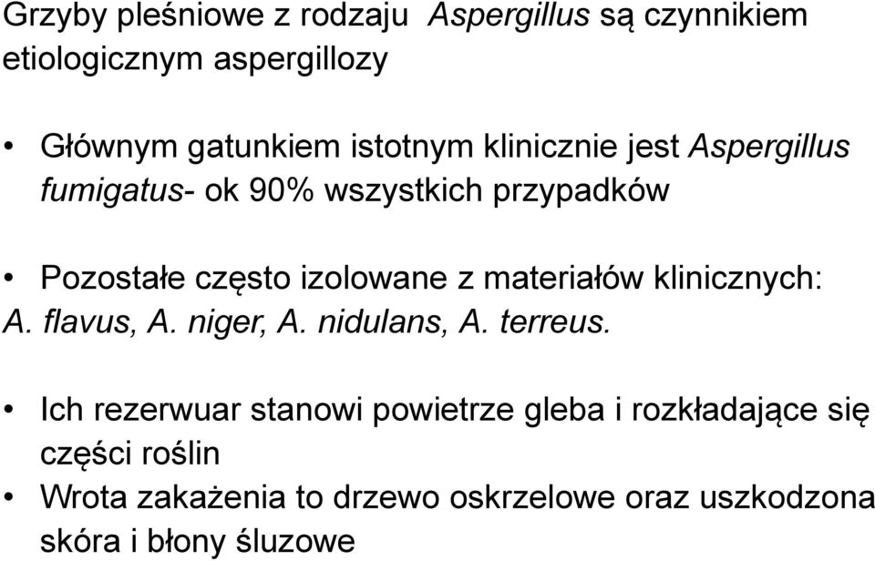 z materiałów klinicznych: A. flavus, A. niger, A. nidulans, A. terreus.