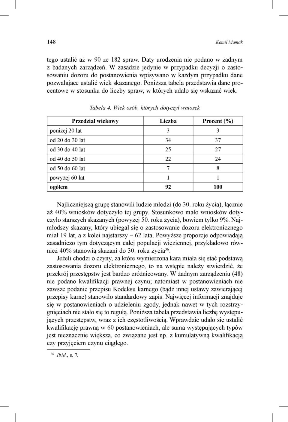 Poniższa tabela przedstawia dane procentowe w stosunku do liczby spraw, w których udało się wskazać wiek. Tabela 4.