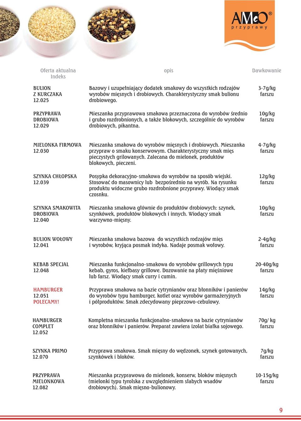 3-7g/kg 10g/kg MIELONKA FIRMOWA 12.030 SZYNKA CHŁOPSKA 12.039 SZYNKA SMAKOWITA DROBIOWA 12.040 Mieszanka smakowa do wyrobów mięsnych i drobiowych. Mieszanka przypraw o smaku konserwowym.