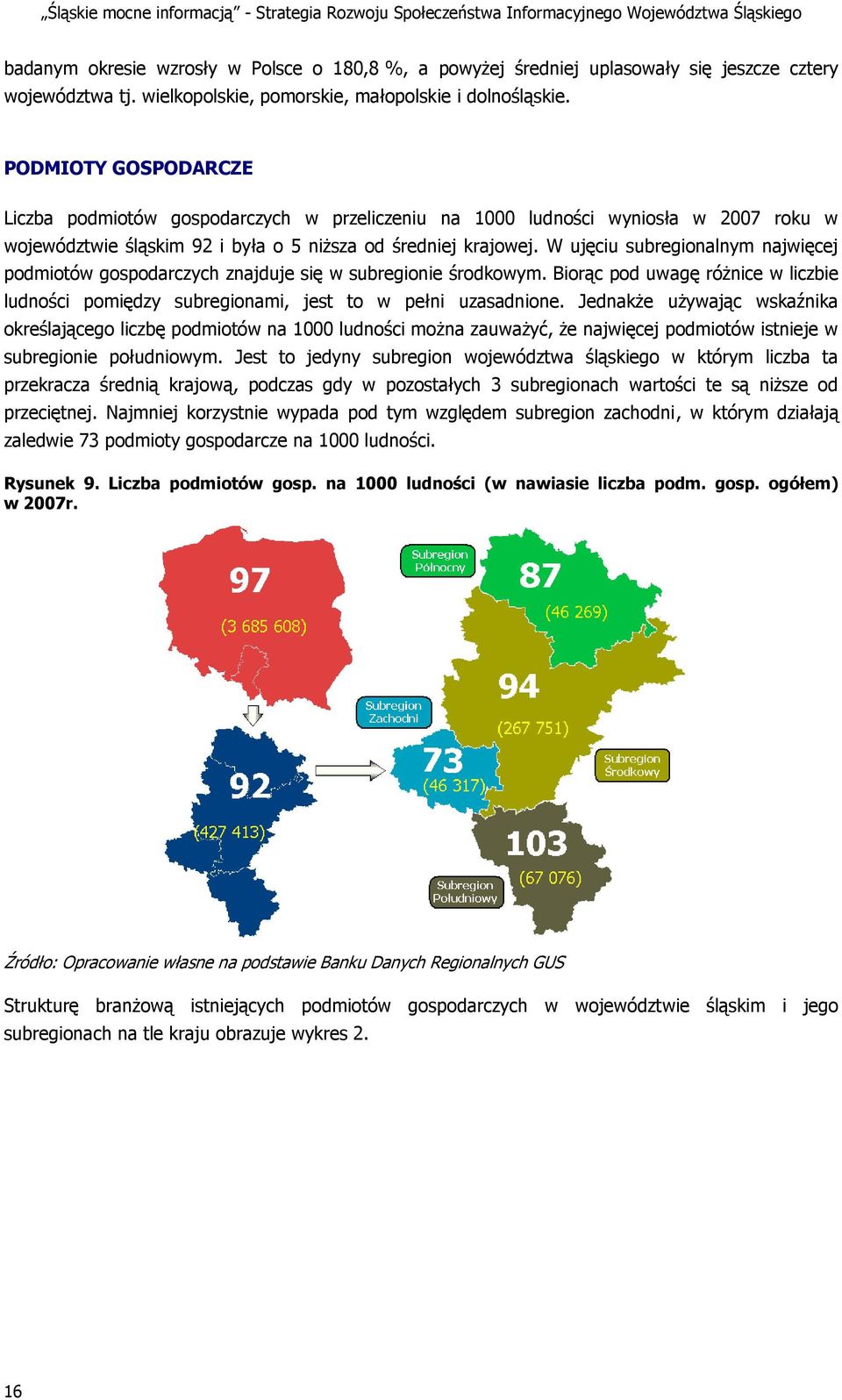 W ujęciu subregionalnym najwięcej podmiotów gospodarczych znajduje się w subregionie środkowym. Biorąc pod uwagę różnice w liczbie ludności pomiędzy subregionami, jest to w pełni uzasadnione.