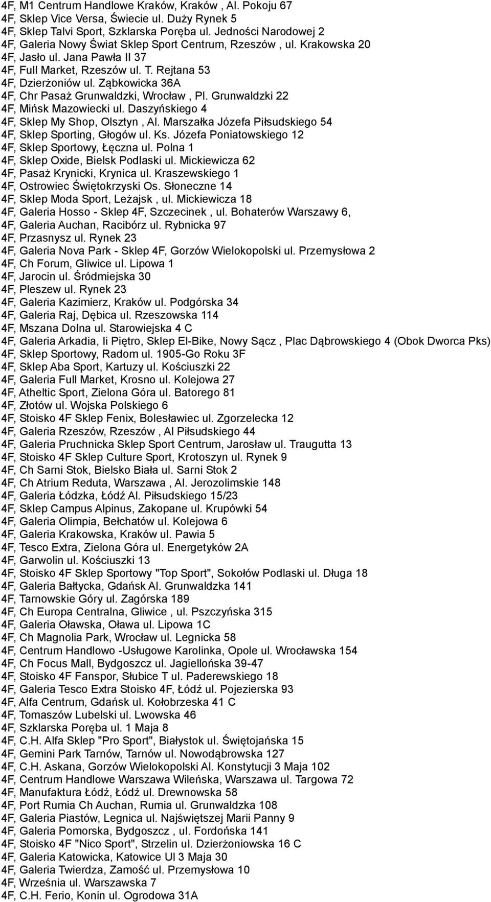 4F, C.H. Tulipan, Łódź, ul. Piłsudskiego 94 4F, G.H. Auchan, Wrocław ul.  Francuska 6, Bielany Wrocławskie 4F, Solvay Park, Kraków, ul. - PDF Darmowe  pobieranie