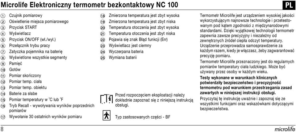 obiektu AN Baterie za słabe AO Pomiar temperatury w C lub F AP Tryb Recall - wywoływania wyników poprzednich pomiarów AQ Wywołanie 30 ostatnich wyników pomiaru AR AS BT BK BL BM BN BO Zmierzona