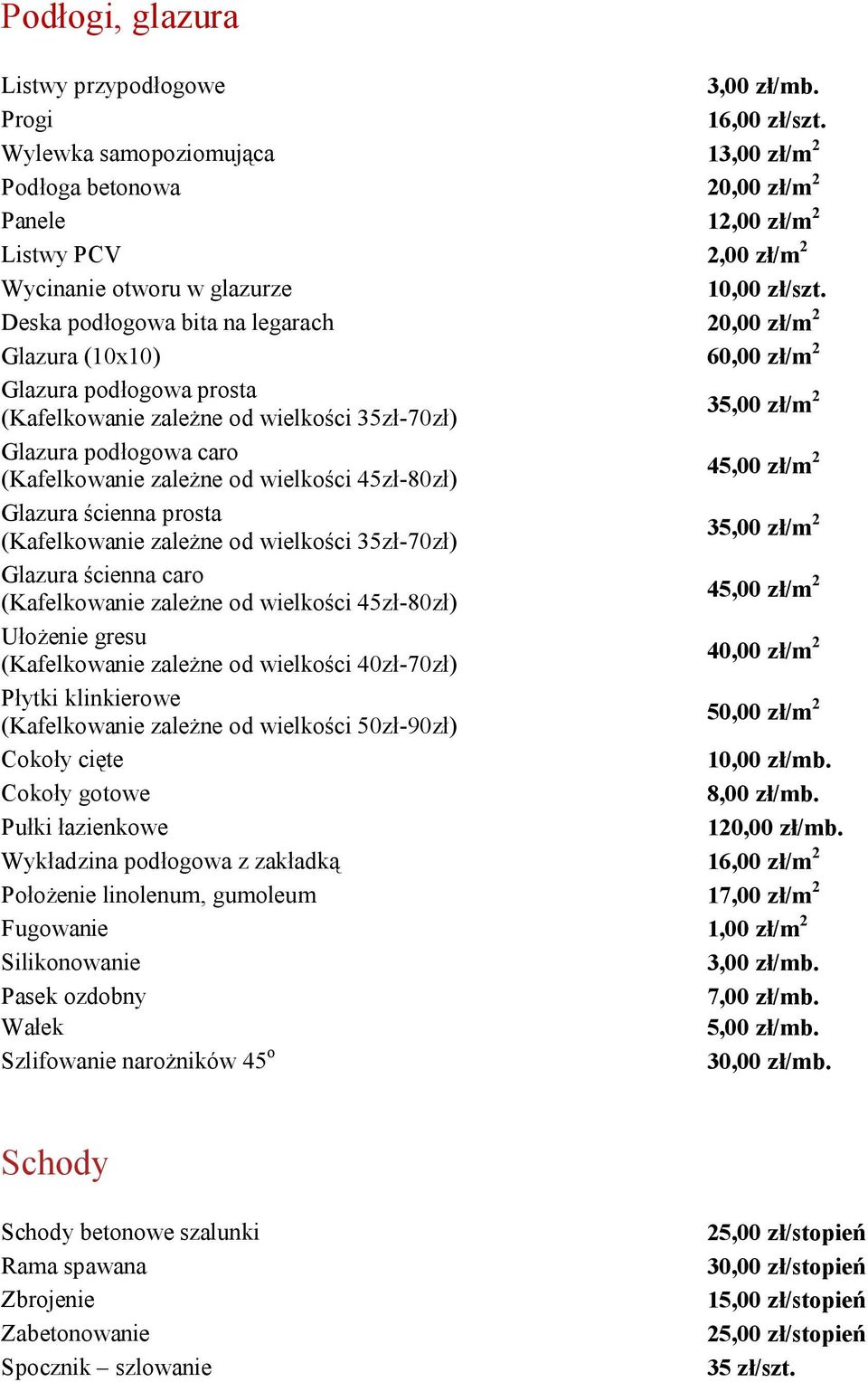 Deska podłogowa bita na legarach 20,00 zł/m 2 Glazura (10x10) 60,00 zł/m 2 Glazura podłogowa prosta (Kafelkowanie zależne od wielkości 35zł-70zł) 35,00 zł/m 2 Glazura podłogowa caro (Kafelkowanie