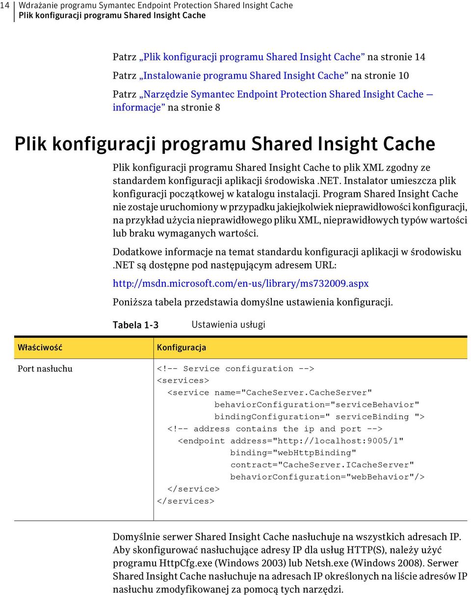 konfiguracji programu Shared Insight Cache to plik XML zgodny ze standardem konfiguracji aplikacji środowiska.net. Instalator umieszcza plik konfiguracji początkowej w katalogu instalacji.