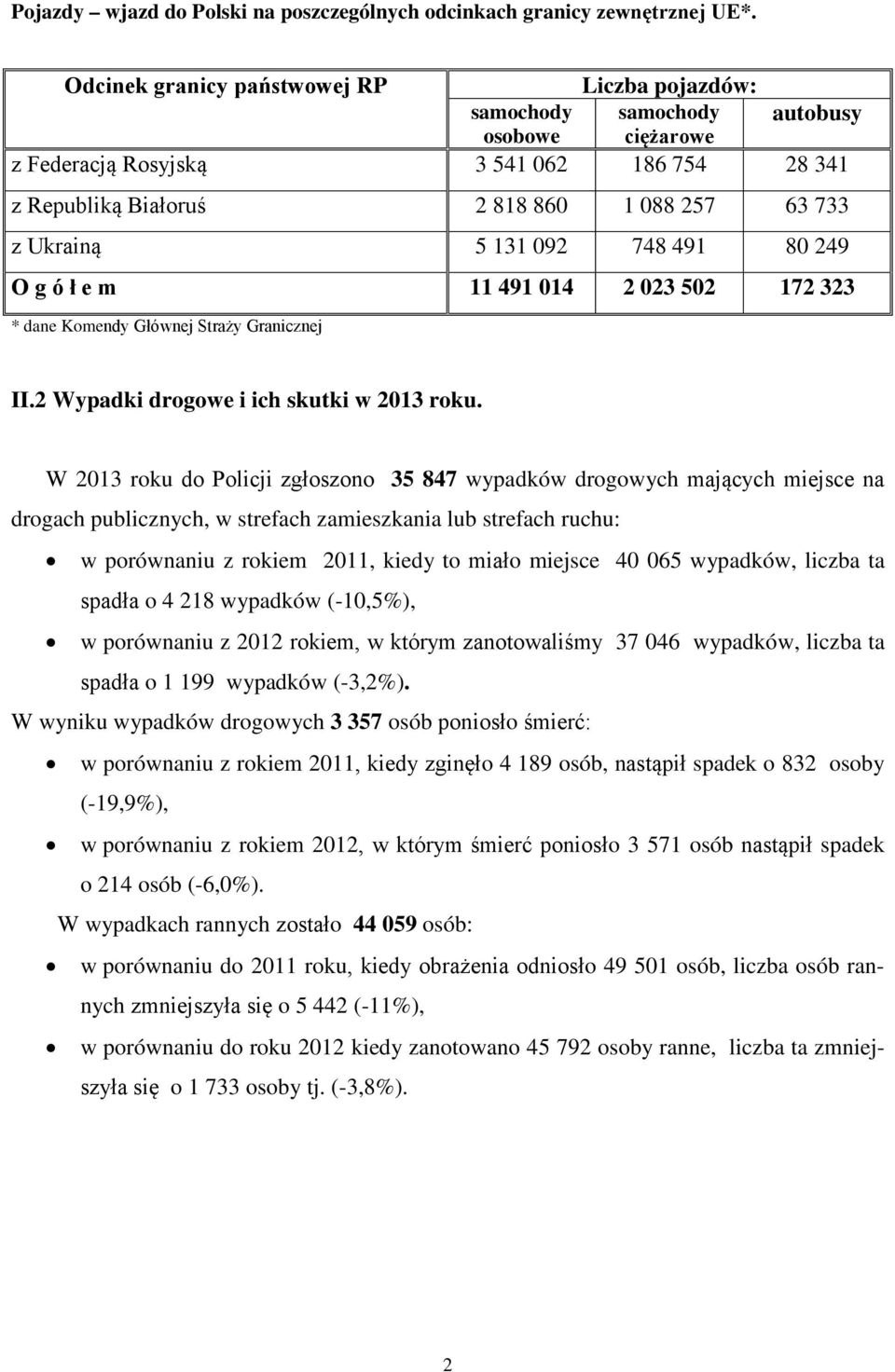 131 092 748 491 80 249 O g ó ł e m 11 491 014 2 023 502 172 323 * dane Komendy Głównej Straży Granicznej II.2 Wypadki drogowe i ich skutki w 2013 roku.