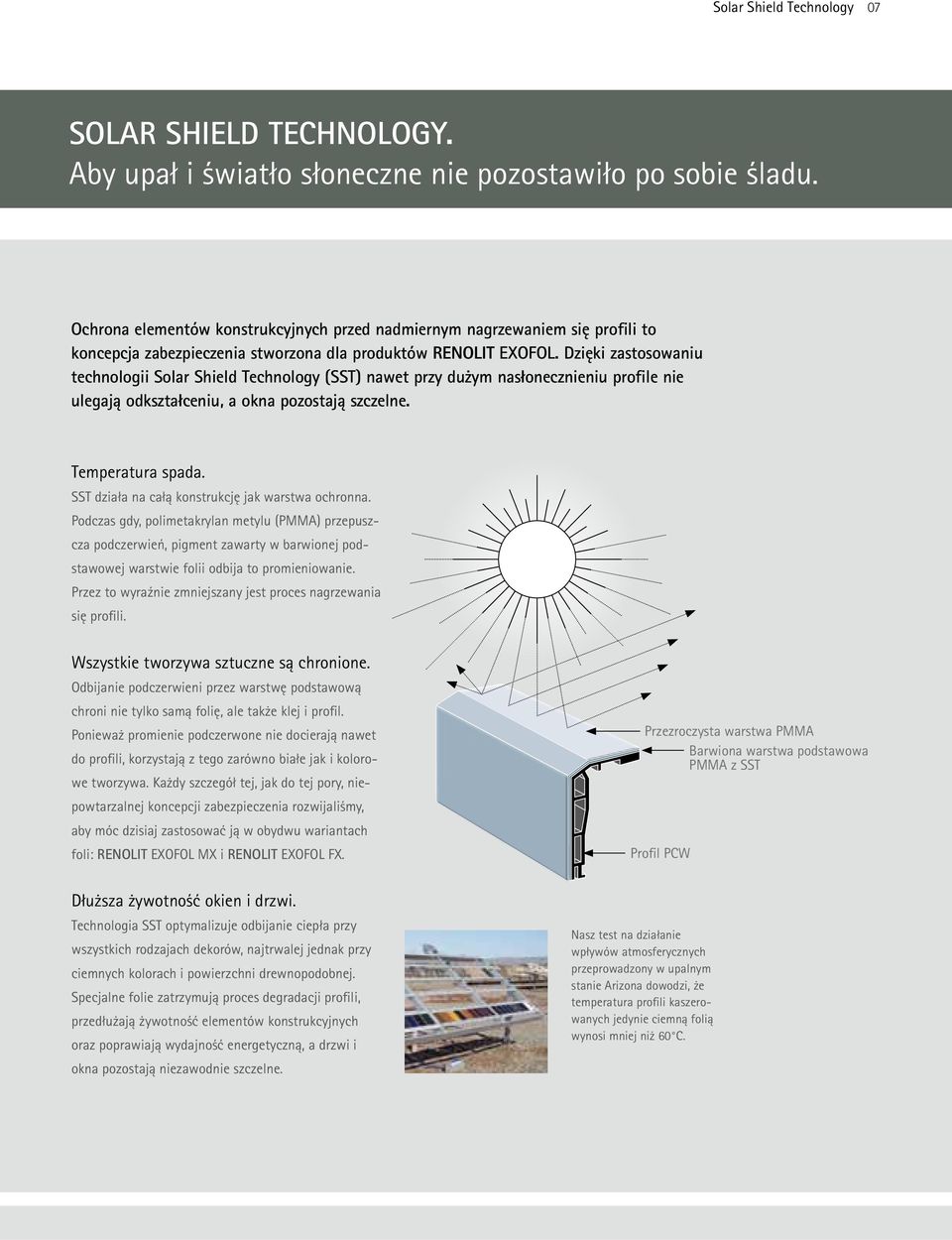 Dzięki zastosowaniu technologii Solar Shield Technology (SST) nawet przy dużym nasłonecznieniu profile nie ulegają odkształceniu, a okna pozostają szczelne. Temperatura spada.