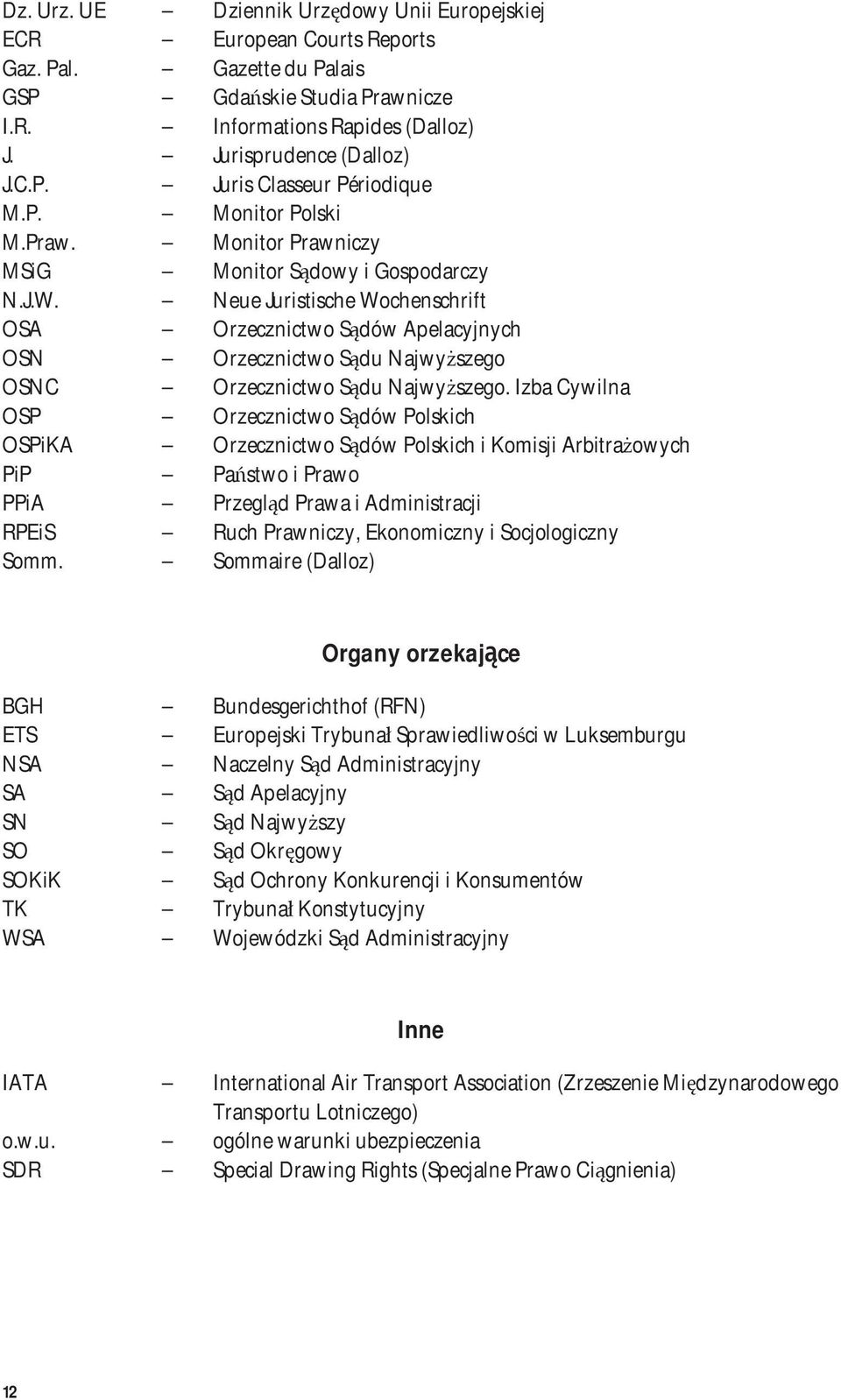 Neue Juristische Wochenschrift OSA Orzecznictwo Sądów Apelacyjnych OSN Orzecznictwo Sądu Najwyższego OSNC Orzecznictwo Sądu Najwyższego.