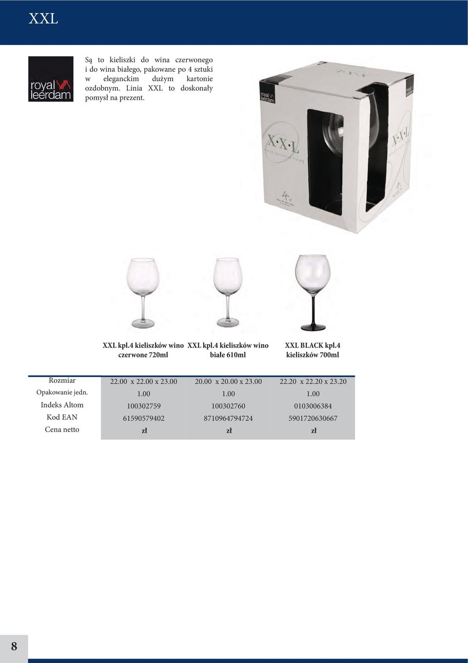 4 kieliszków wino czerwone 720ml XXL kpl.4 kieliszków wino białe 610ml XXL BLACK kpl.