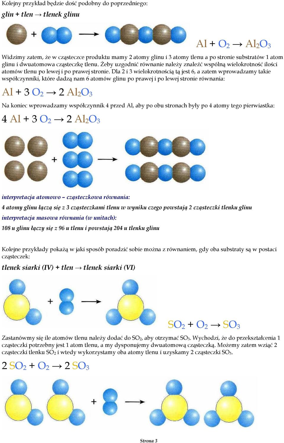 Dla 2 i 3 wielokrotnością tą jest 6, a zatem wprowadzamy takie współczynniki, które dadzą nam 6 atomów glinu po prawej i po lewej stronie równania: Al + 3 O 2 2 Al 2 O 3 Na koniec wprowadzamy