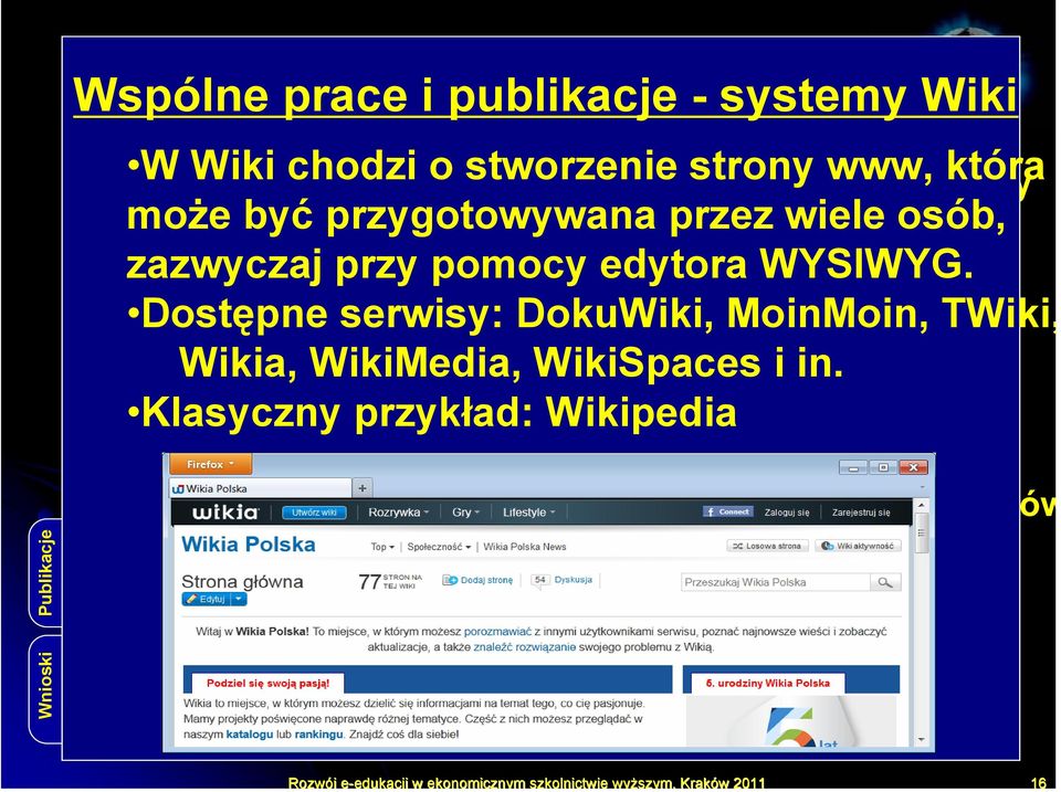 przygotowywana i specjalizowane, przez np. FlashMeeting. wiele osób, W Wiki chodzi o stworzenie strony www, która zazwyczaj Przekaz wiedzy przy podstawowej pomocy edytora możliwy WYSIWYG.