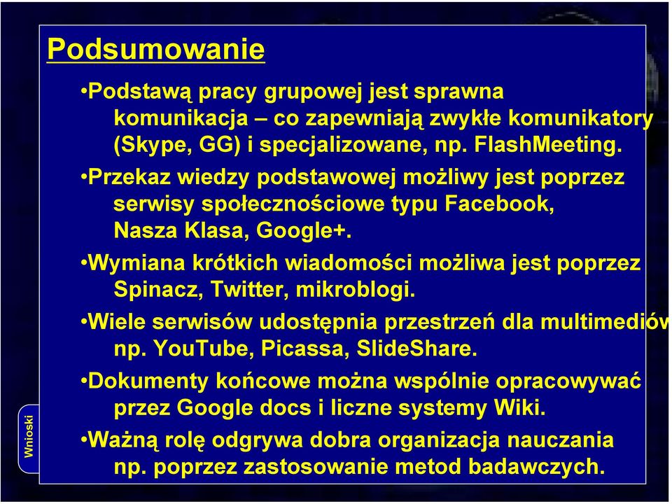 Przekaz wiedzy podstawowej możliwy jest poprzez serwisy społecznościowe typu Facebook, Nasza Klasa, Google+.