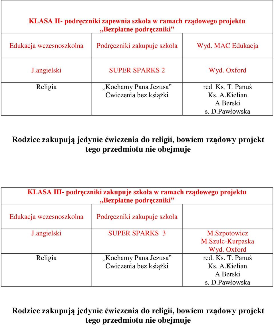 Pawłowska Rodzice zakupują jedynie ćwiczenia do religii, bowiem rządowy projekt tego przedmiotu nie obejmuje KLASA III- i zakupuje szkoła w ramach rządowego projektu Bezpłatne i