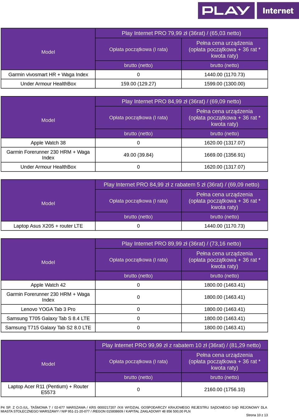 00 (1170.73) Play Internet PRO 89,99 zł (36rat) / (73,16 netto) Apple Watch 42 0 1800.00 (1463.41) Garmin Forerunner 230 HRM + Waga Index 0 1800.00 (1463.41) Lenovo YOGA Tab 3 Pro 0 1800.00 (1463.41) Samsung T705 Galaxy Tab S 8.