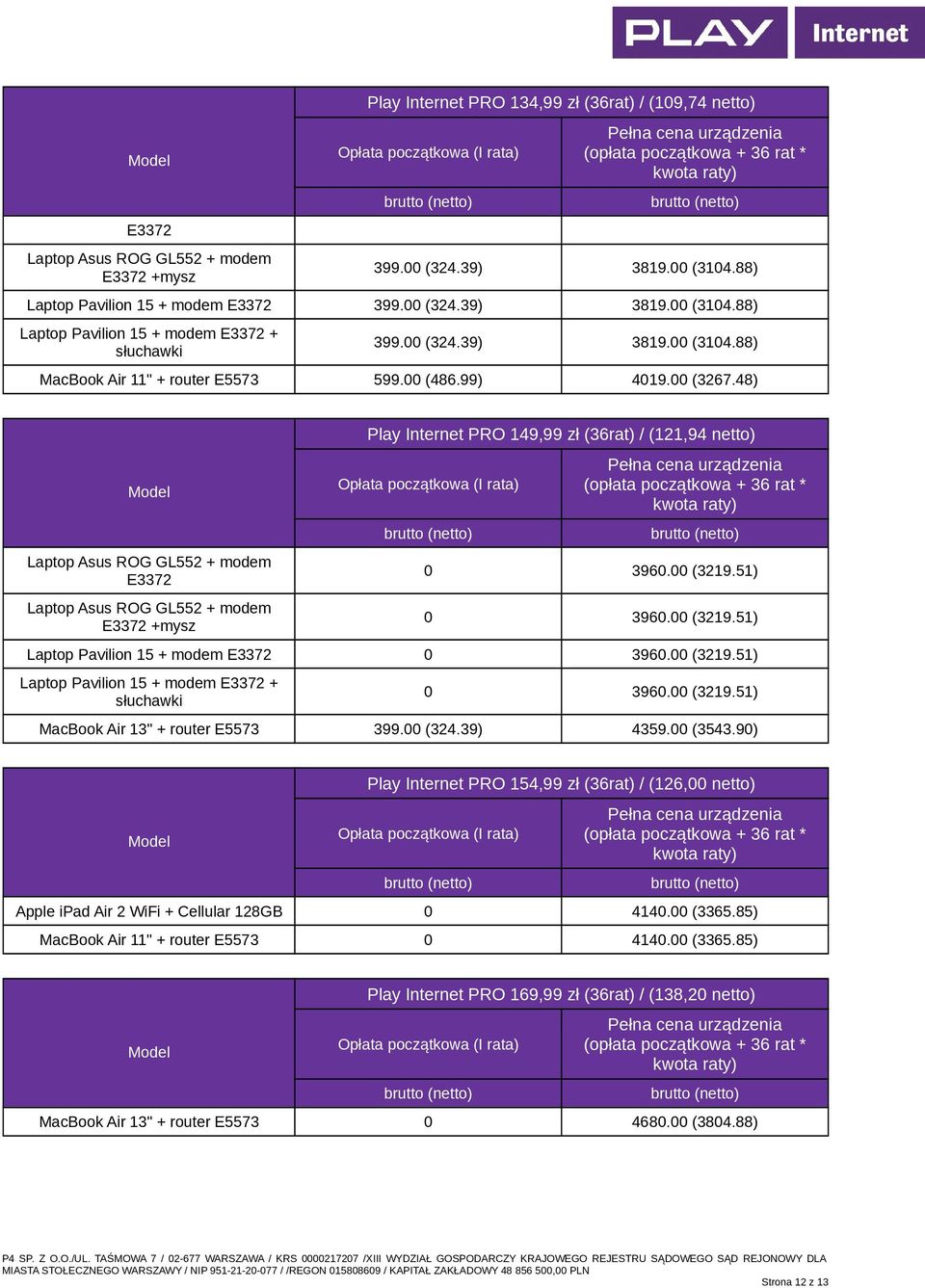 51) 0 3960.00 (3219.51) Laptop Pavilion 15 + modem 0 3960.00 (3219.51) Laptop Pavilion 15 + modem + słuchawki 0 3960.00 (3219.51) MacBook Air 13" + router 399.00 (324.39) 4359.00 (3543.