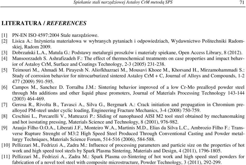 : Podstawy metalurgii proszków i materiały spiekane, Open Access Library, 8 (2012). [4] Mansoorzadeh S. Ashrafizadeh F.