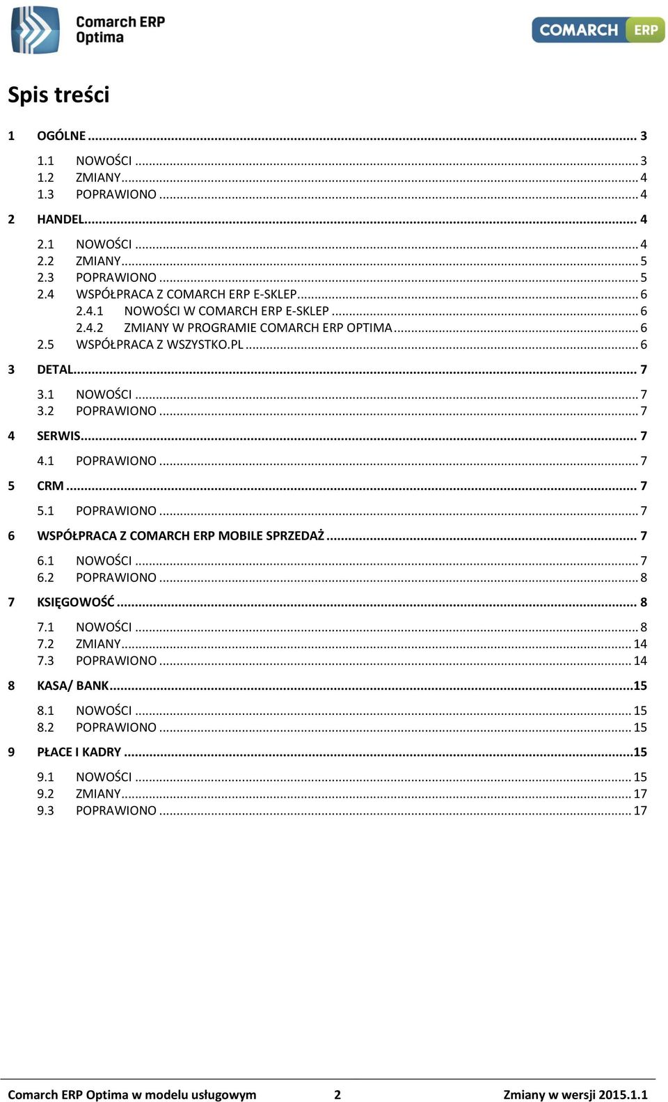 .. 7 5 CRM... 7 5.1 POPRAWIONO... 7 6 WSPÓŁPRACA Z COMARCH ERP MOBILE SPRZEDAŻ... 7 6.1 NOWOŚCI... 7 6.2 POPRAWIONO... 8 7 KSIĘGOWOŚĆ... 8 7.1 NOWOŚCI... 8 7.2 ZMIANY... 14 7.3 POPRAWIONO.