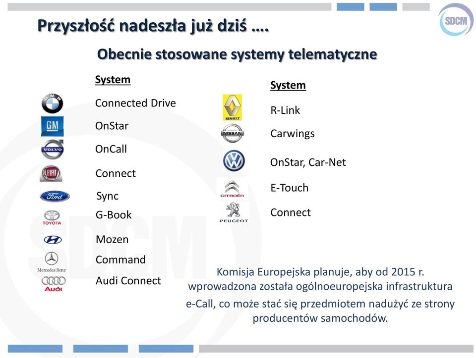 System R-Link Carwings OnStar, Car-Net E-Touch Connect Mozen Command Audi Connect Komisja