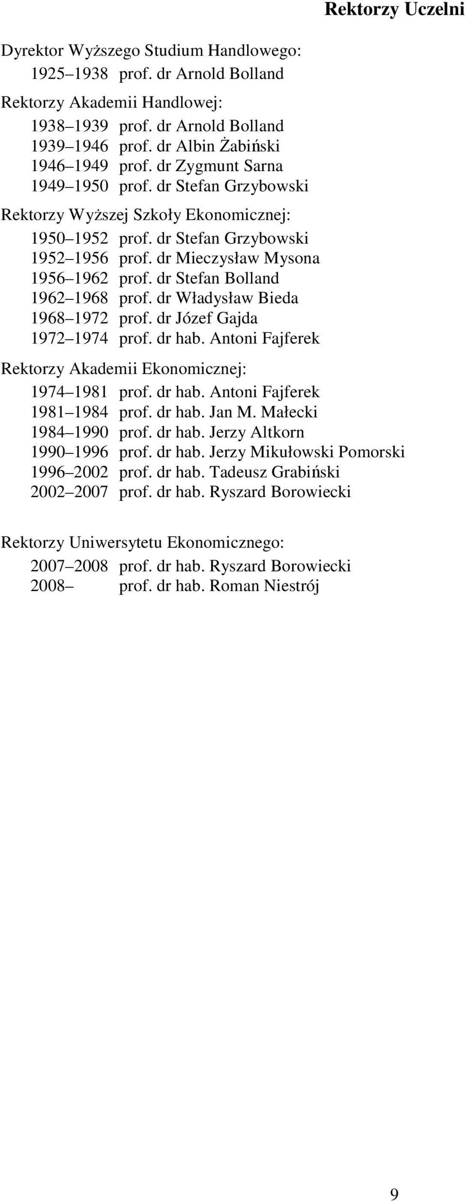 dr Stefan Bolland 1962 1968 prof. dr Władysław Bieda 1968 1972 prof. dr Józef Gajda 1972 1974 prof. dr hab. Antoni Fajferek Rektorzy Uczelni Rektorzy Akademii Ekonomicznej: 1974 1981 prof. dr hab. Antoni Fajferek 1981 1984 prof.