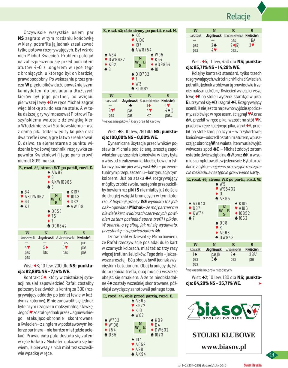 Po wskazaniu przez gracza W pięciu pików dużo poważniejszym kandydatem do posiadania dłuższych kierów był jego partner, po wzięciu pierwszej lewy D w ręce Michał zagrał więc blotkę atu do asa na