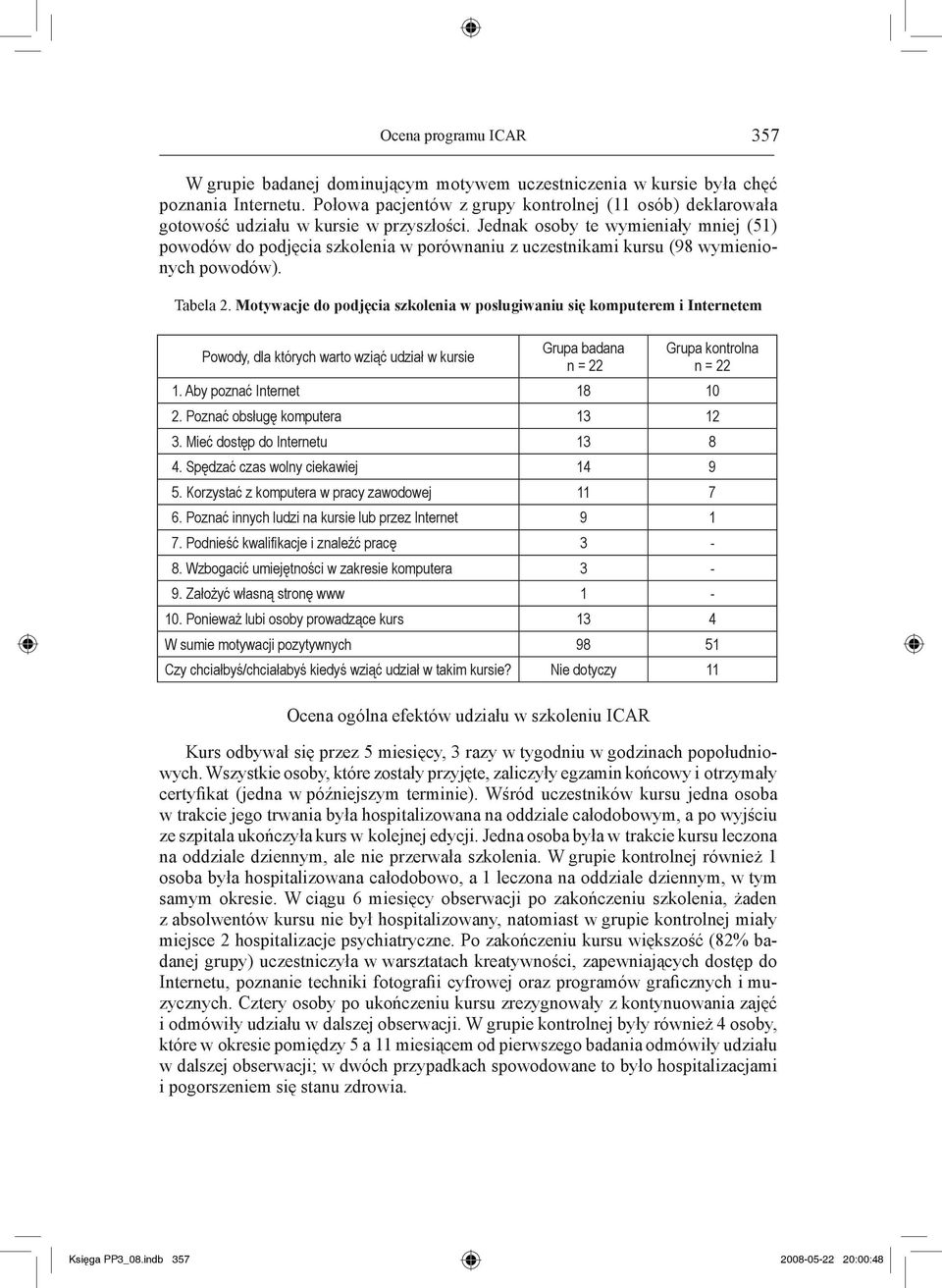 Jednak osoby te wymieniały mniej (51) powodów do podjęcia szkolenia w porównaniu z uczestnikami kursu (98 wymienionych powodów). Tabela 2.