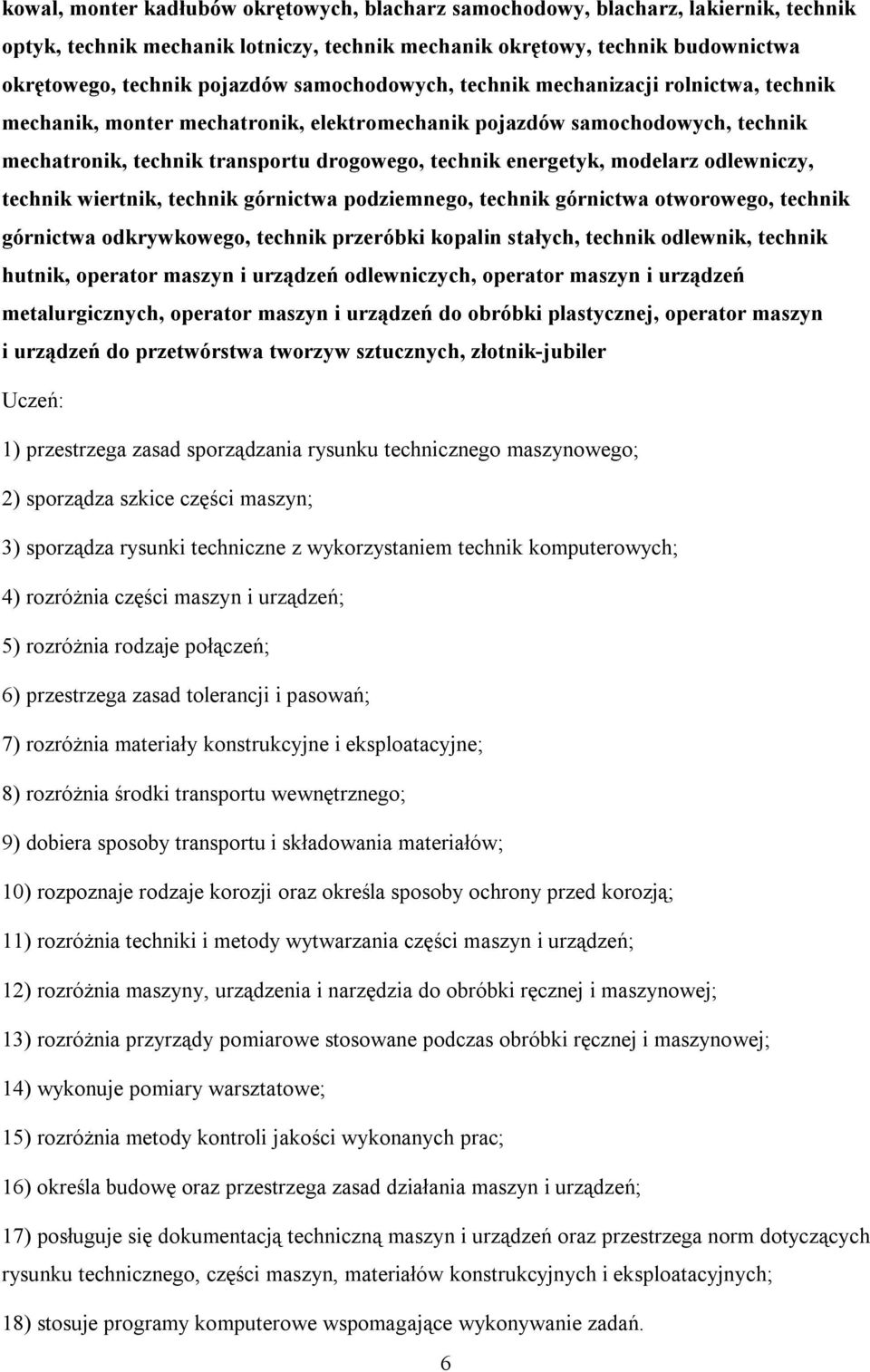 modelarz odlewniczy, technik wiertnik, technik górnictwa podziemnego, technik górnictwa otworowego, technik górnictwa odkrywkowego, technik przeróbki kopalin stałych, technik odlewnik, technik