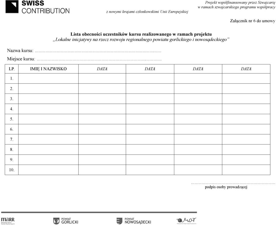 regionalnego powiatu gorlickiego i nowosądeckiego Nazwa kursu:. Miejsce kursu:... LP.
