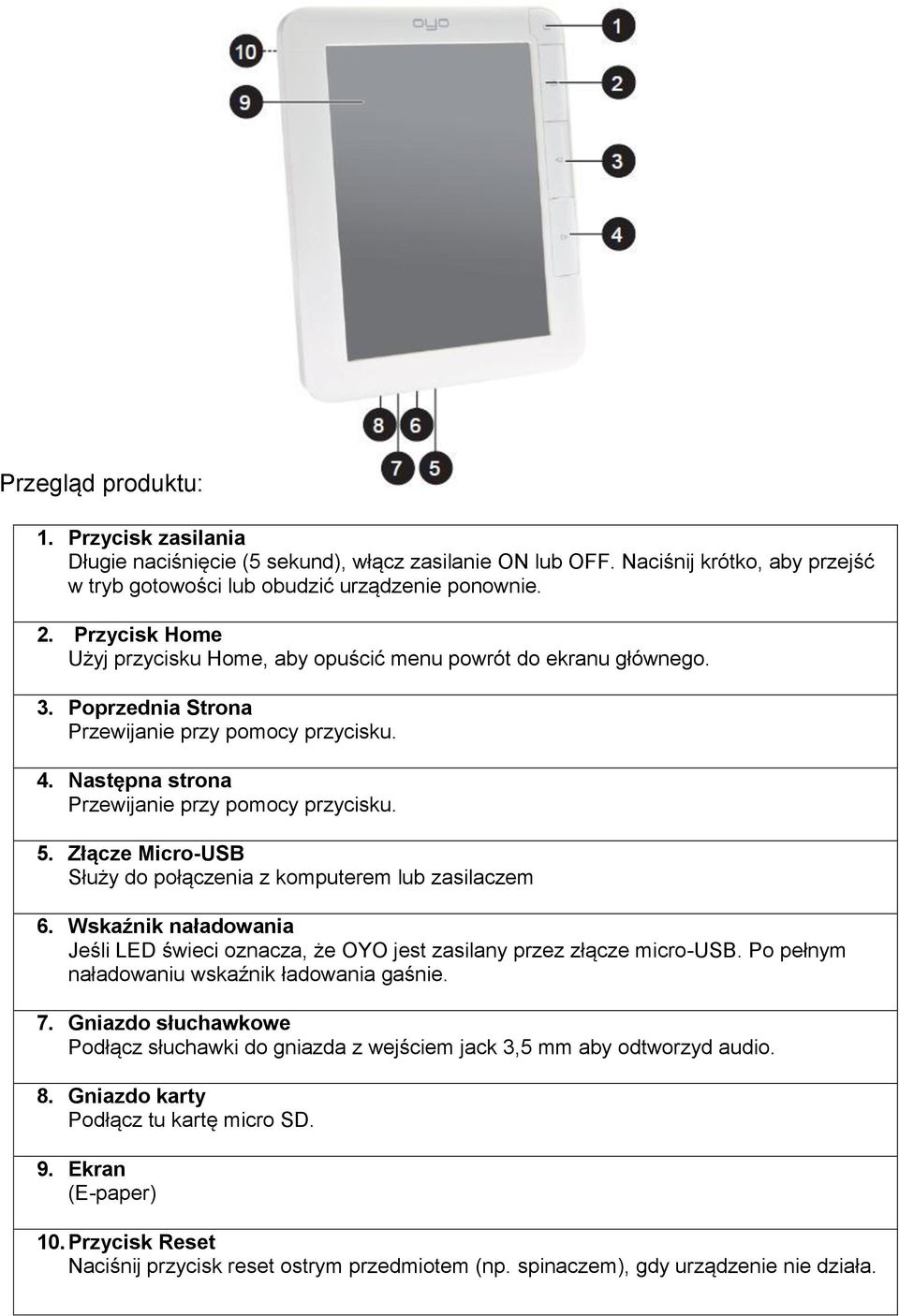 Złącze Micro-USB Służy do połączenia z komputerem lub zasilaczem 6. Wskaźnik naładowania Jeśli LED świeci oznacza, że OYO jest zasilany przez złącze micro-usb.